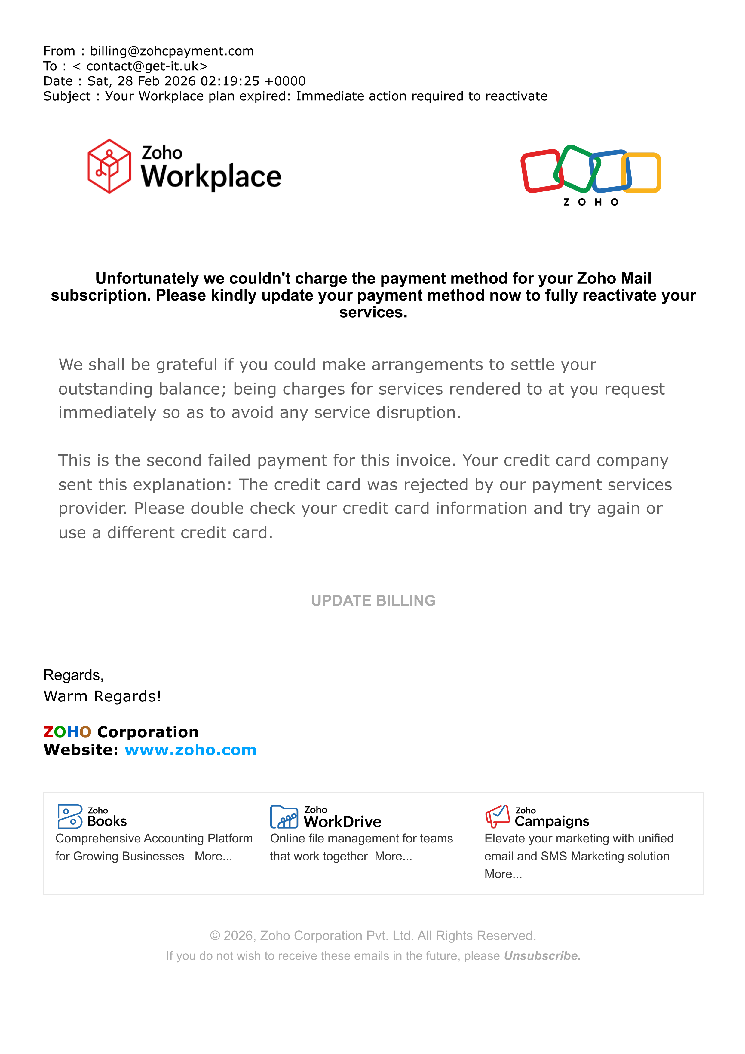 Forensic breakdown of Zoho phishing email